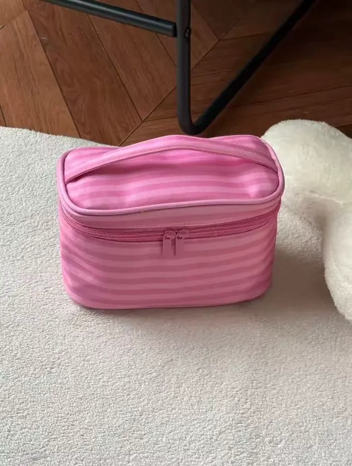 Nouvelle Trousse de Maquillage Portable Mini Mignonne à Rayures Roses pour Femmes – Idéale pour les