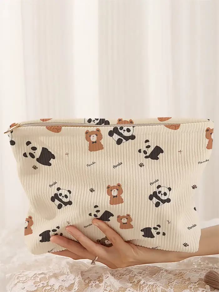1 trousse de maquillage en velours côtelé à motifs panda, boîte de rangement de maquillage légère à