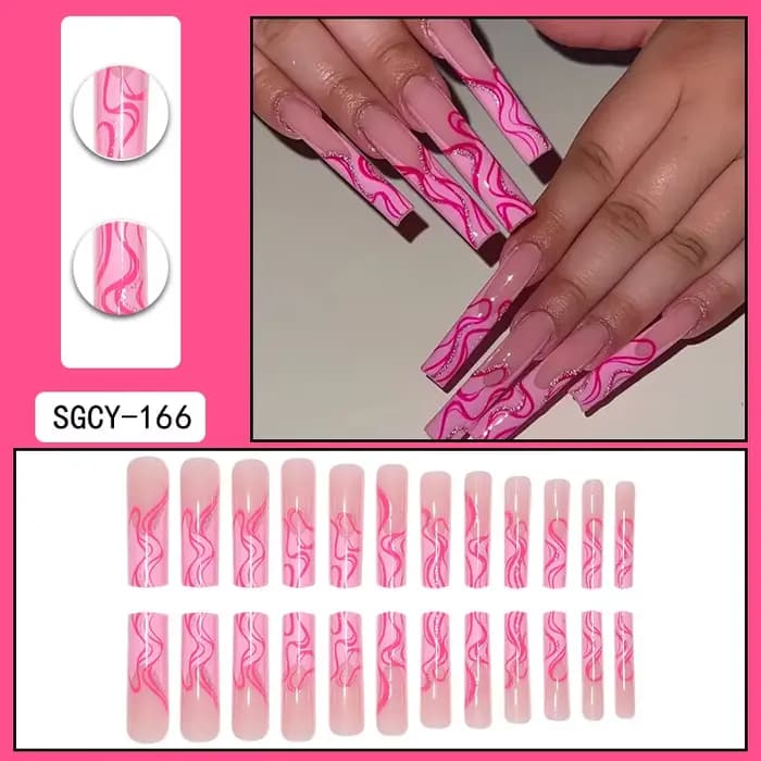 24 pièces de faux ongles Ultra longs en forme de cercueil, à pression, motif français, dégradé et fl