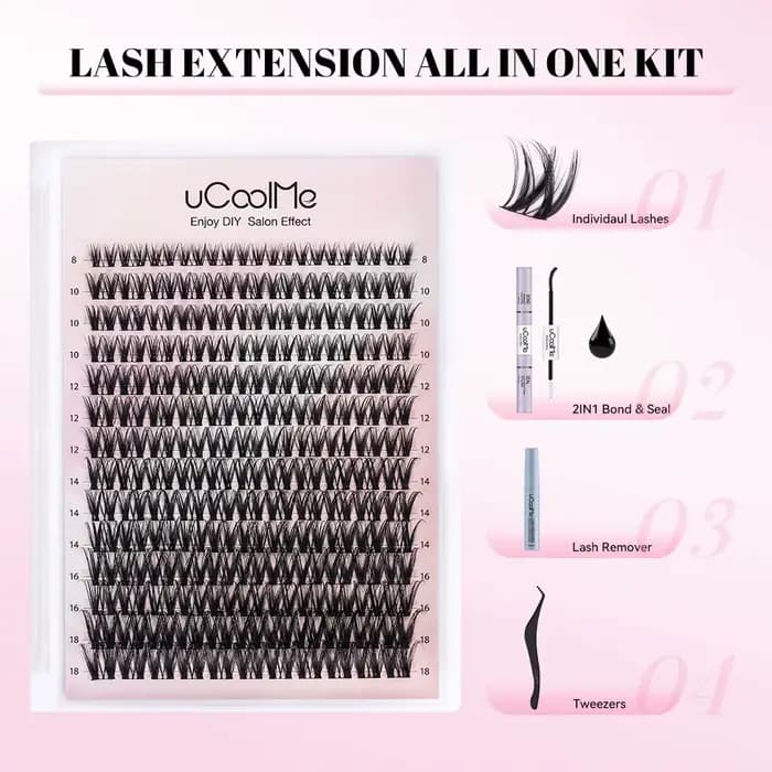 Kit d'extension de cils uCoolMe Lashes Flora 0.05mm, bouquets définis et volumineux, avec colle et d