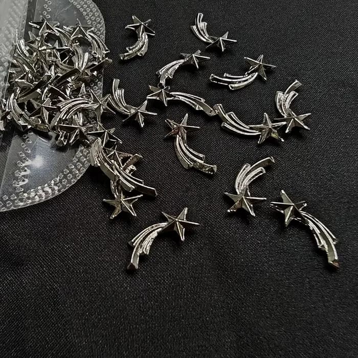 Breloques étoiles argentées pour ongles, bijoux métalliques 3D, gemmes météores évidées, décorations