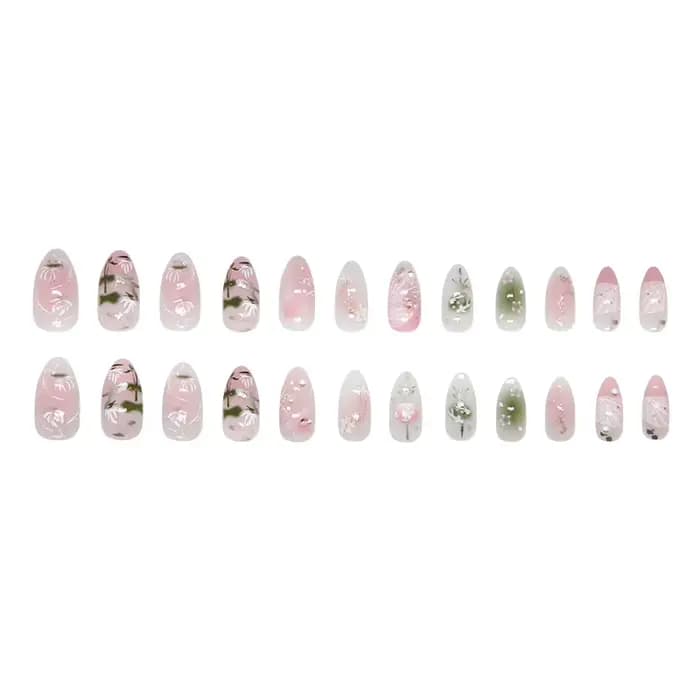 24 pièces douce amande faux ongles conseils peint à la main fleur perle motif Blush rose presse sur