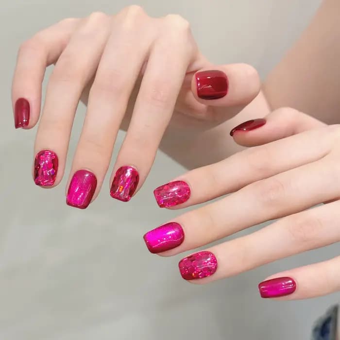 10 pièces Rose rouge oeil de chat presse sur ongles solide Pitaya couleur amande à la main faux ongl