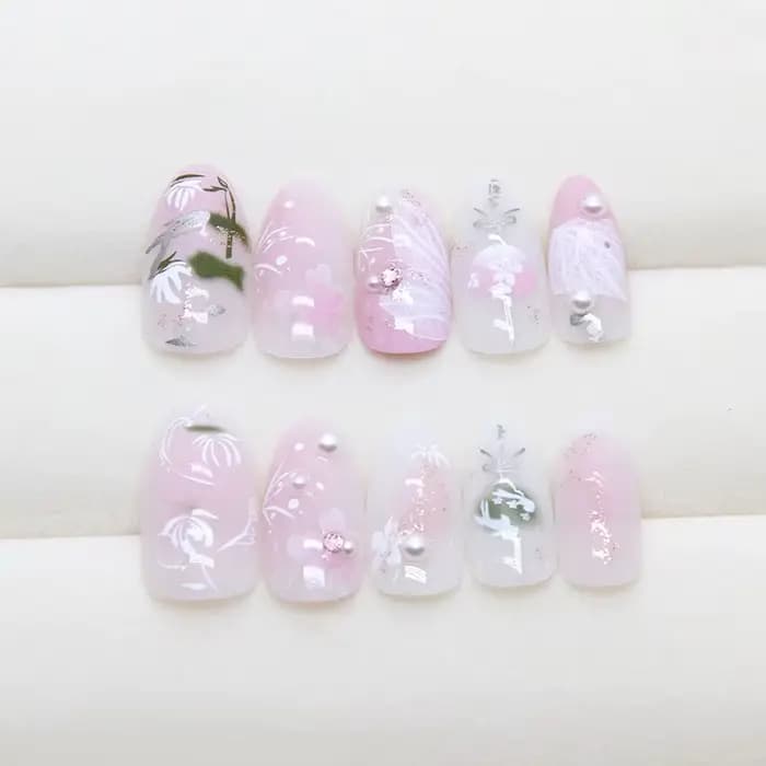 24 pièces douce amande faux ongles conseils peint à la main fleur perle motif Blush rose presse sur