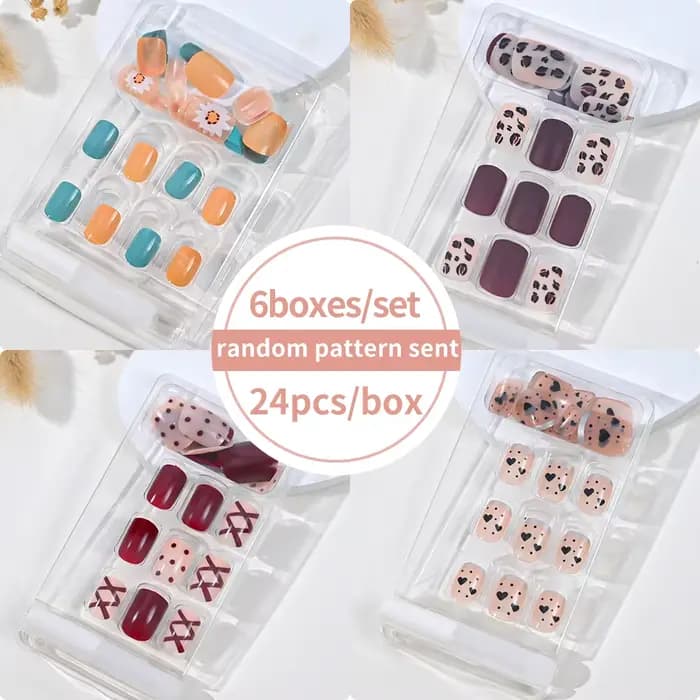 6 boîtes/ensemble court carré faux ongles amour design presse sur ongles Style mixte motif aléatoire