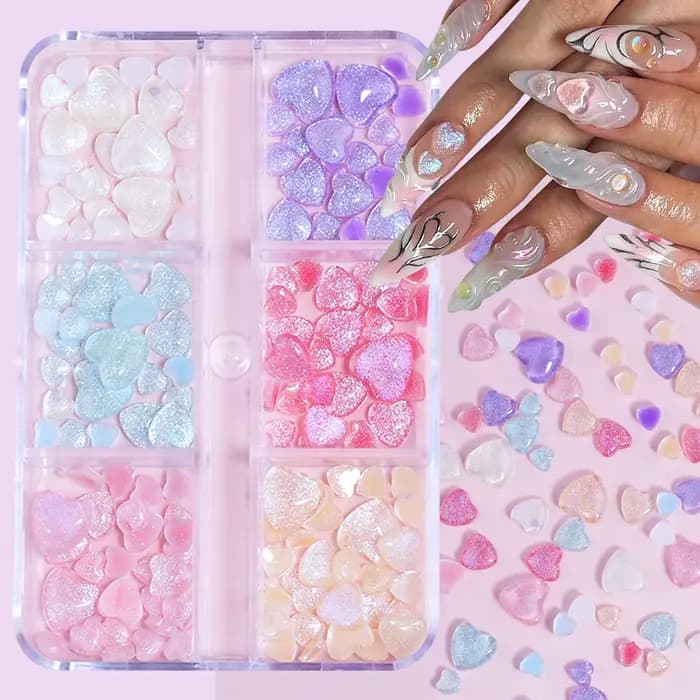 N64.Art-Boîte de pièces décoratives en forme de cœur transparent rose, fournitures Kawaii, ensembles