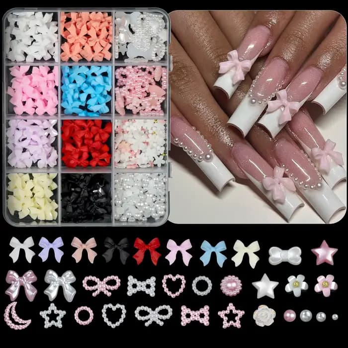 Boîte de 12/15 compartiments de décorations pour ongles en résine, nœuds papillon mixtes, breloques