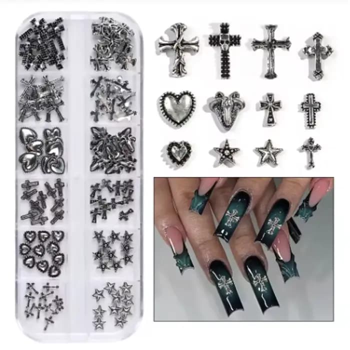 120 pièces/1 boîte européen américain foncé vintage style croix nail art patch y2k Premium métal Sty