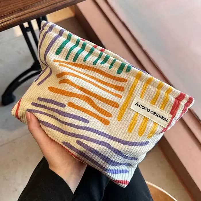Pochette cosmétique en velours côtelé à rayures colorées, sac de toilette portable de voyage, sac de