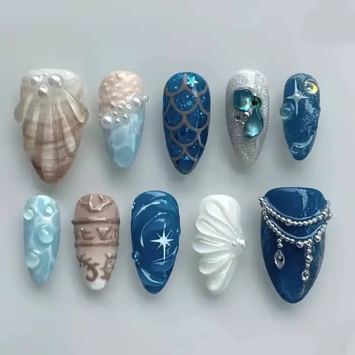 10 pièces à la main faux ongles Art océan coquillage Design bleu mi-long ovale faux ongles conseils