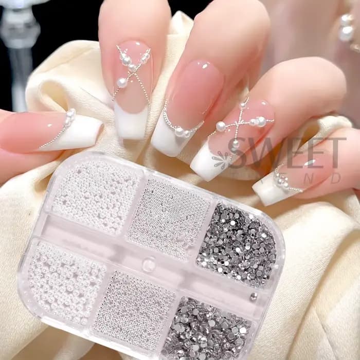 Strass 3D pour Nail Art, 6 grilles, perles rondes blanches, décoration d'ongles, breloques en acier,