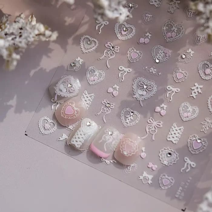 Autocollant 5D en dentelle avec nœud papillon rose et blanc, cœur d'amour, cristal de fraise, strass