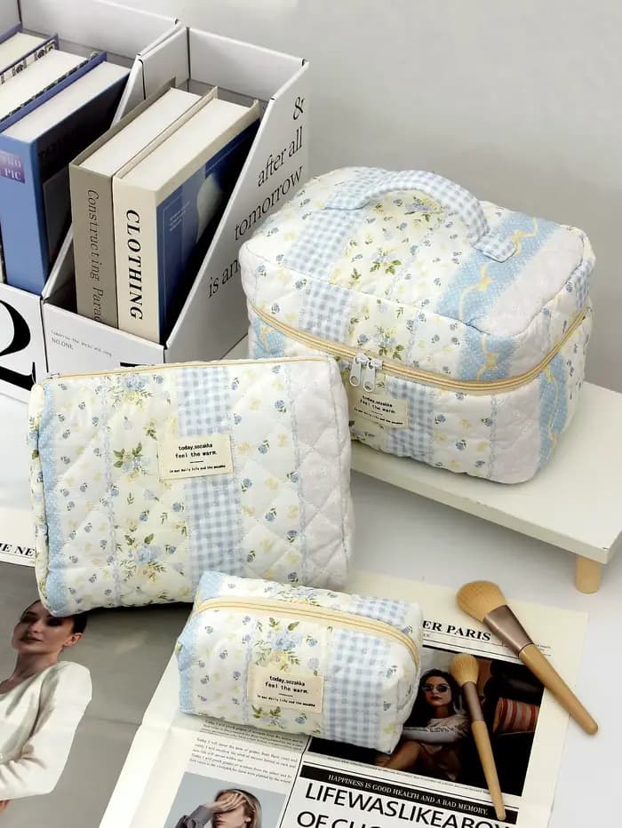 1 pièce/ensemble trousse de maquillage matelassée patchwork bleu, trousse de maquillage florale, tro