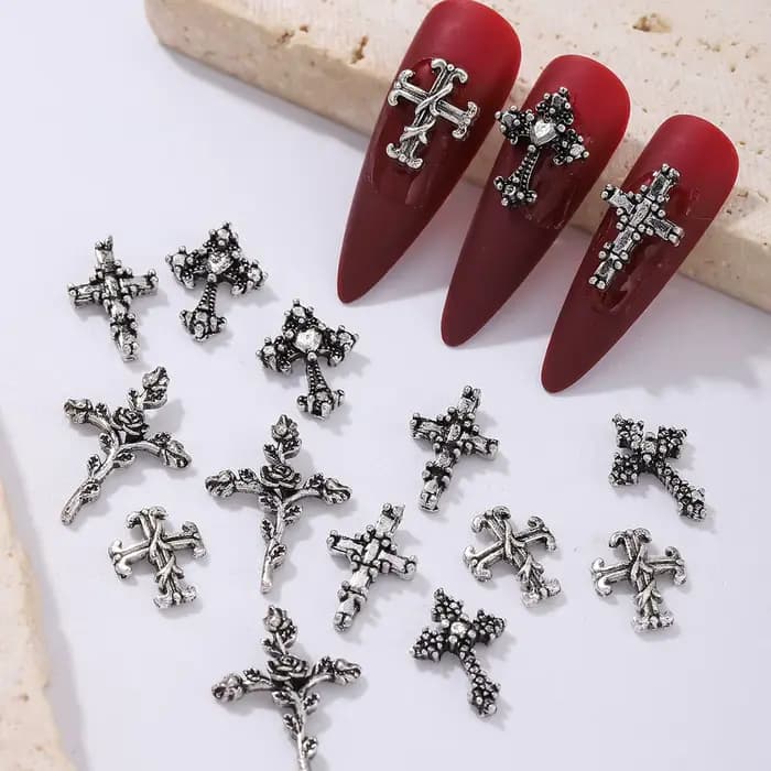 Décoration d'ongles en forme de croix de vent punk argenté antique, strass en alliage, style métal y