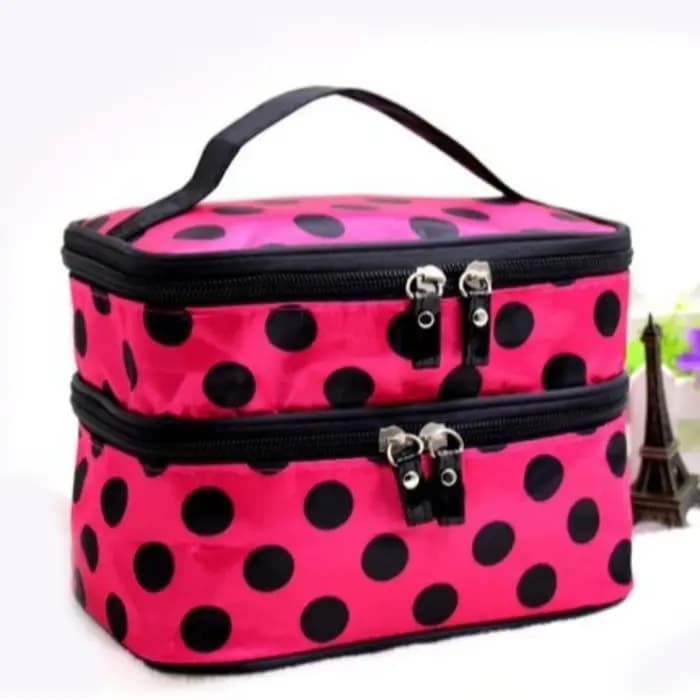Sac de maquillage double couche tendance, grande capacité, à pois, trousse de toilette portable, org