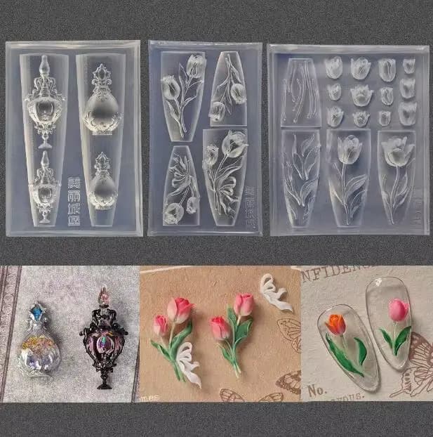1pc Rose tulipe Lotus 3D acrylique moule muguet Nail Art décorations ongles bricolage conception Sil