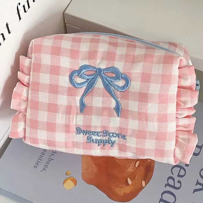Kawaii sac cosmétique Plaid arc trousse de Maquillage mignon petit sac fille Style doux à volants Ma