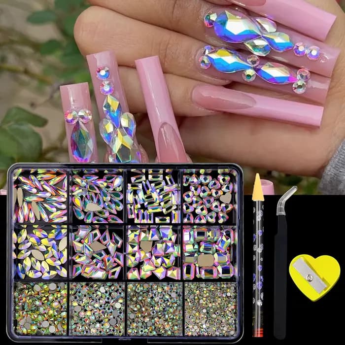 780-980 pièces 3D multi-formes luxe Nail Art strass clair/AB/rouge/bleu foret à fond plat avec stylo