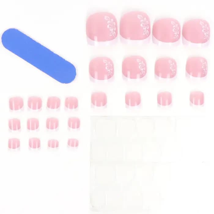 Faux ongles roses avec couverture complète de colle acrylique brillante, bâtons artificiels à fleurs