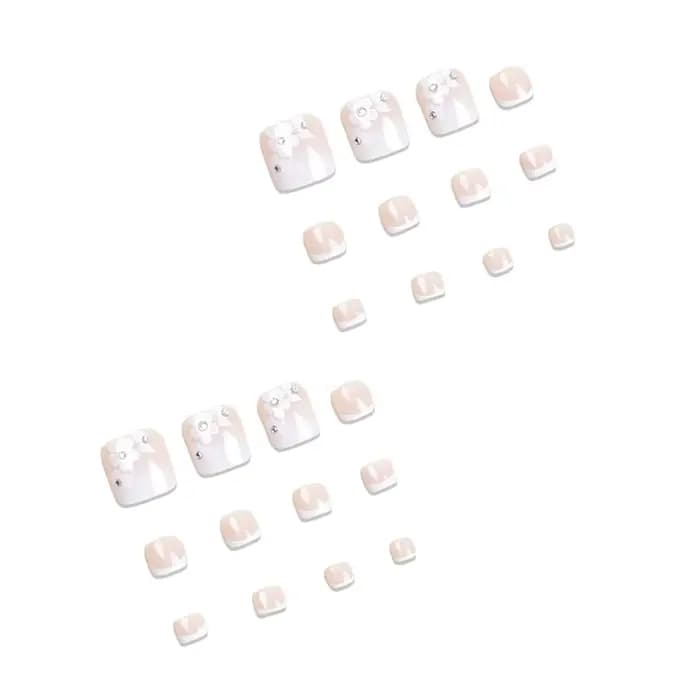 Faux ongles carrés en fleur de cerisier et diamant, 24 pièces, colle gelée détachable et réutilisabl