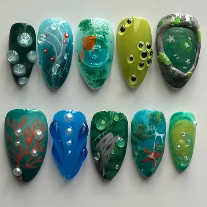 10 pièces à la main faux ongles Art océan coquillage Design bleu mi-long ovale faux ongles conseils