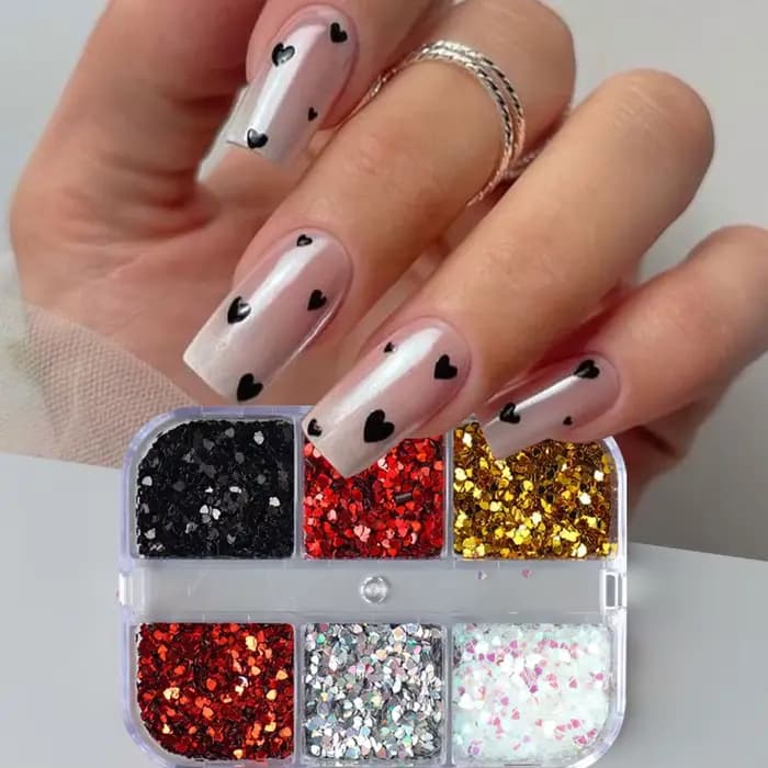 6 grilles Y2K mignon coeur paillettes ongles paillettes Kawaii Mini Laser doré argenté amour flocon