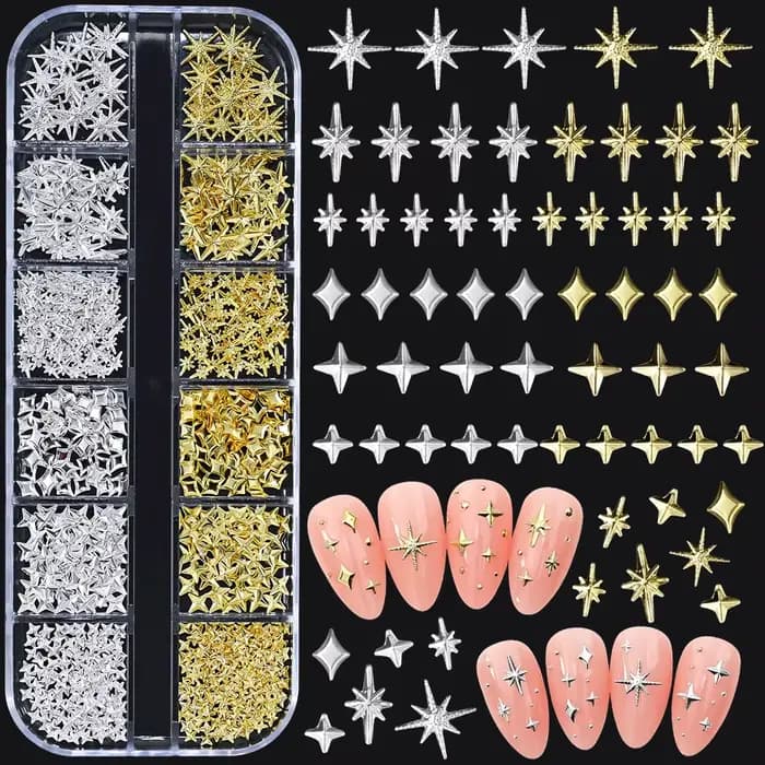 1000 pièces-12 grilles 3D or argent étoile/croix ongles Rivet goujons alliage métallique Starlight o