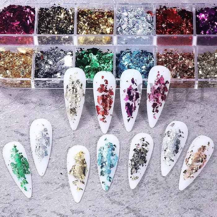Feuilles d'or Double couleur 12 grilles, magnifiques paillettes pour ongles, scintillantes irréguliè