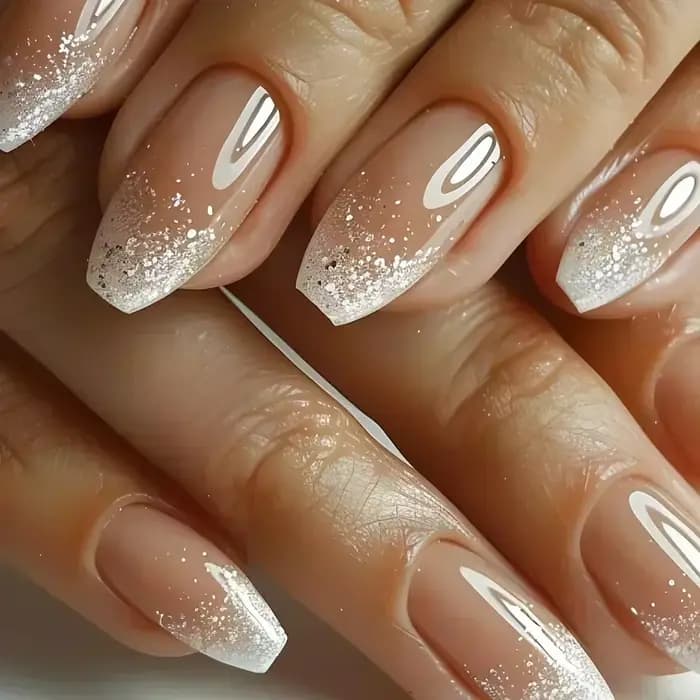 Faux ongles carrés courts et moyens, 24 pièces, scintillants, blancs, portables, argent, couverture