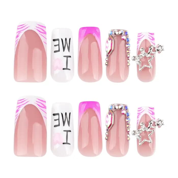 JoDecor-Faux ongles à imprimé zèbre rose, diamant flash, style français, presse sur N64.Star, Y2k, j