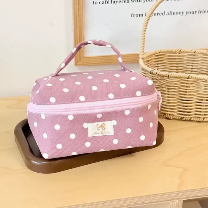 Sac de maquillage portable en tissu à pois Sweet In's avec couvercle rabattable, grande capacité, sa
