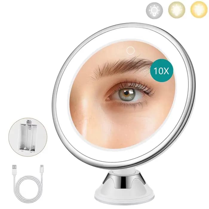 Miroir de maquillage portable grossissant 10X avec 3 couleurs de lumière, miroir cosmétique avec ven