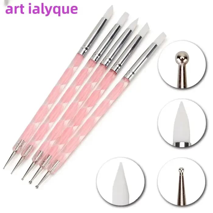 5 pièces 2 voies Nail Art acrylique Silicone pointe fleur stylo à ongles en acier inoxydable outils