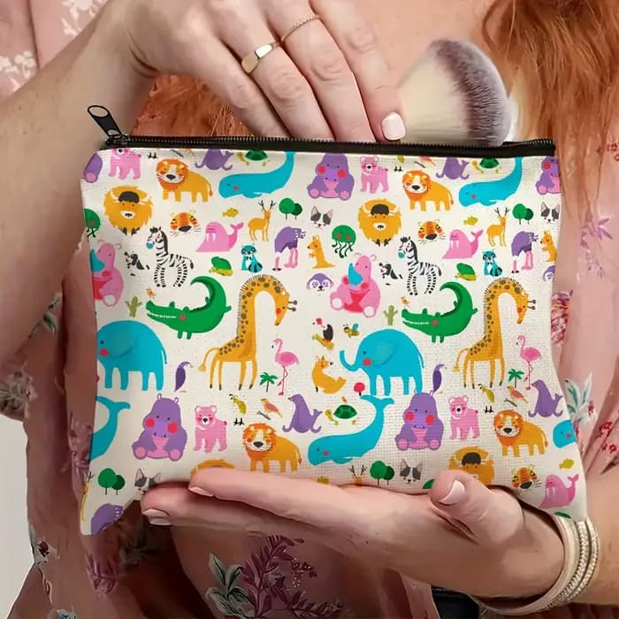 Charmant trousse de maquillage imprimée dinosaure, pochette cosmétique spacieuse et durable avec fer