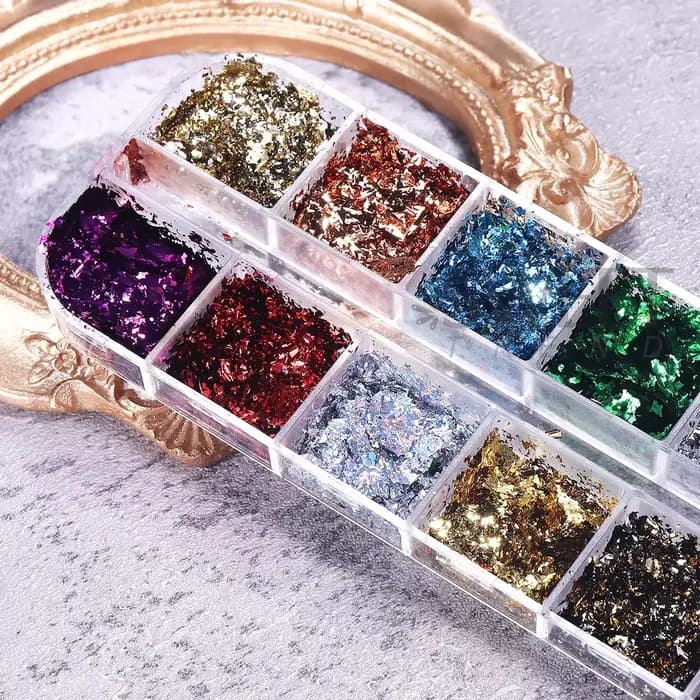 Feuilles d'or Double couleur 12 grilles, magnifiques paillettes pour ongles, scintillantes irréguliè