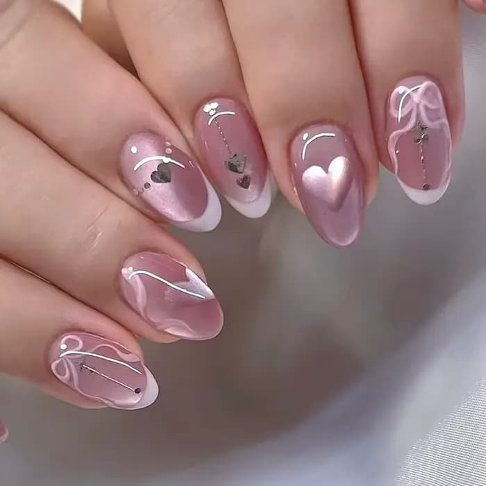 Faux ongles ovales mi-longs à pression en amande bleue, 24 pièces, avec perles 3D, pointes à motif d