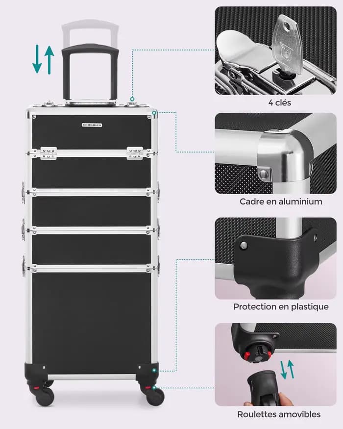 Coffret à Maquillage 4 en 1, Valise à Maquillage, Verrouillable, Roulettes, Noir