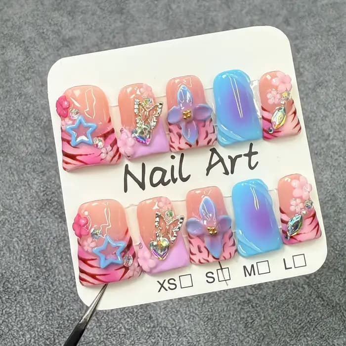 Faux ongles français faits à la main en forme de bec de canard, à pression, imprimé léopard coloré,