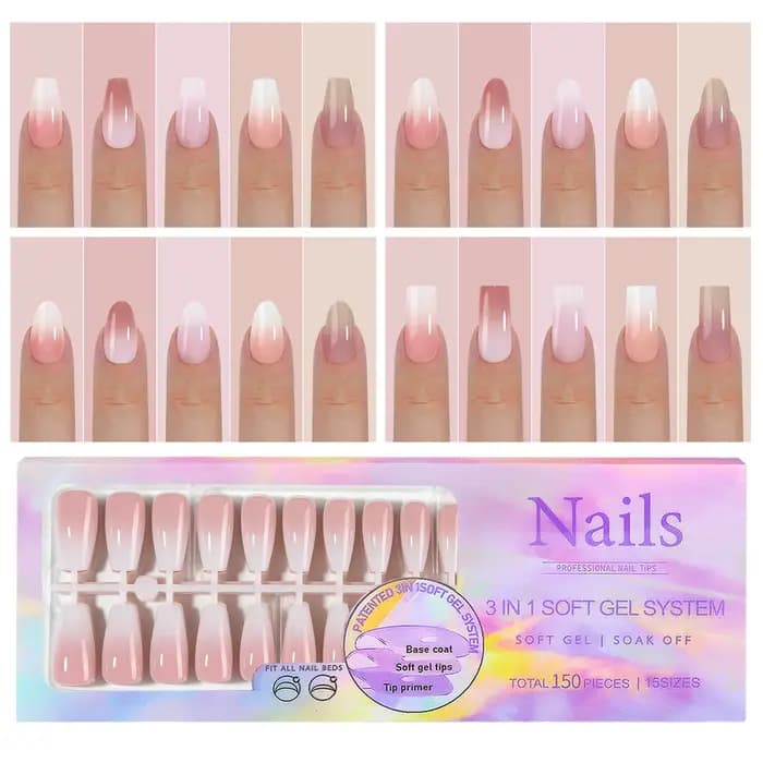 150 pièces dégradé couleur nue amande portable faux ongles conseils presse sur ongles acryliques amo