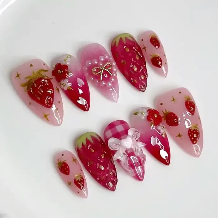 24 pièces Ins 3D nœuds papillon presse sur ongles doux fraise rose Plaid amande faux ongles avec coe