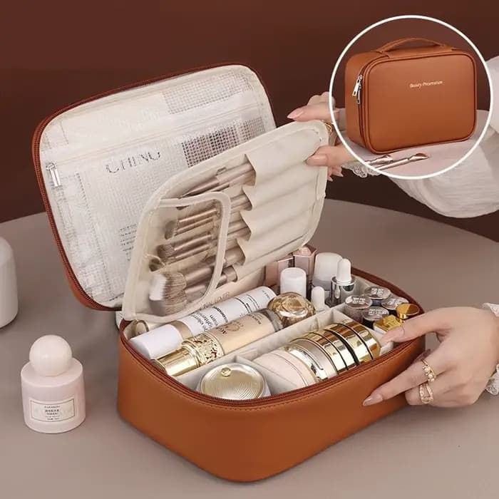 Nouveau sac de maquillage en cuir PU de grande capacité, sensation extérieure portable et haut de ga