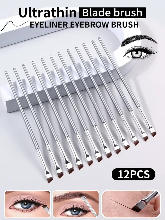Ensemble de pinceaux Eyeliner à lame Super fine argentée, 12 pièces, pinceaux de maquillage doux, br