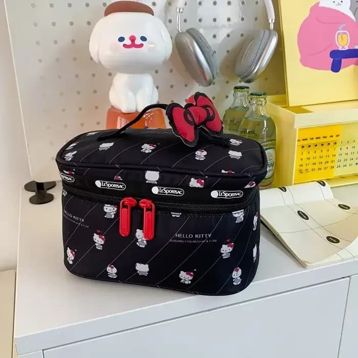 Sac de maquillage noir Hello Kitty, trousse de toilette de voyage de grande capacité, sac à cosmétiq