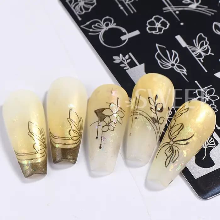 Plaque d'estampage pour Nail Art, feuilles de fleurs simples, cadre Floral papillon, Image géométriq