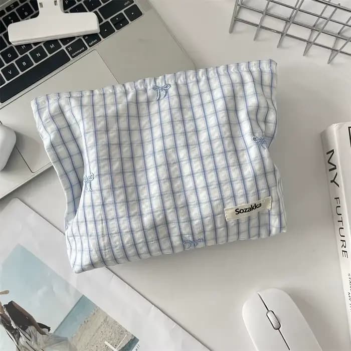 Sac de maquillage brodé à carreaux rayés, sac à cosmétiques pour femmes, organisateur de voyage de m