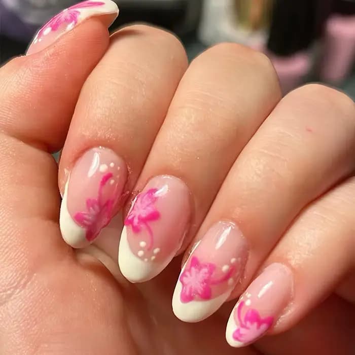 Faux ongles cercueil mi-longs, 24 pièces, pointe française blanche, ballerine à pression, imprimé fl
