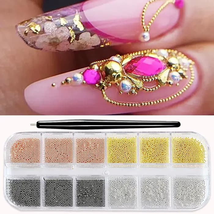 Mini perles de Caviar or/argent à 12 grilles, décorations Nail Art, Micro boules en métal, breloque
