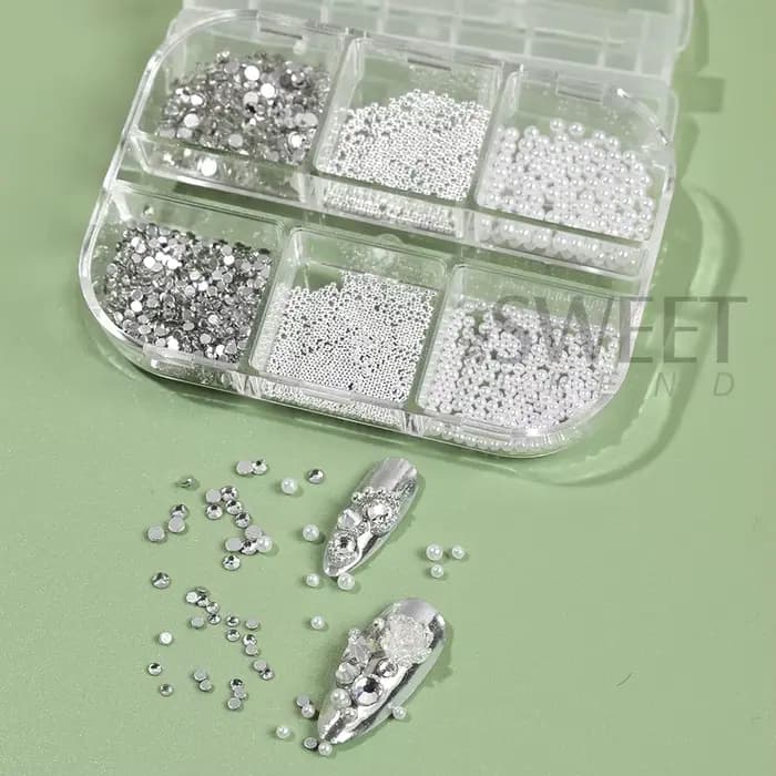 Strass 3D pour Nail Art, 6 grilles, perles rondes blanches, décoration d'ongles, breloques en acier,