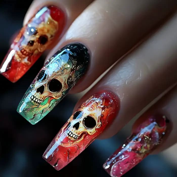 24 faux ongles longs rouge foncé avec colle, motif crâne et fleurs d'horreur, style français à press