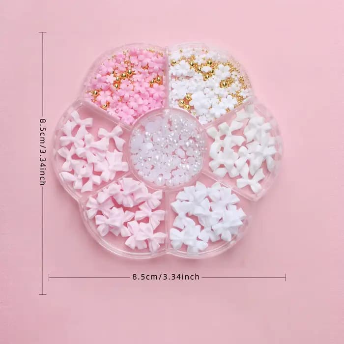 Kit de décorations pour ongles avec nœud floral 3D, 1 boîte, rose/blanc, acrylique Floral/perles de